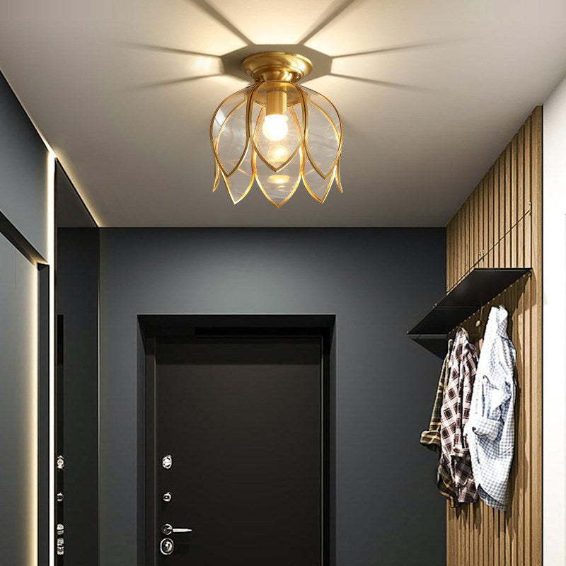 1 Bulb Lotus Ceiling Mount Colonial Brass Clear Glass Flush Light Fixture for Corridor Clearhalo 'Ceiling Lights' 'Close To Ceiling Lights' 'Close to ceiling' 'Flush mount' Lighting' 270482