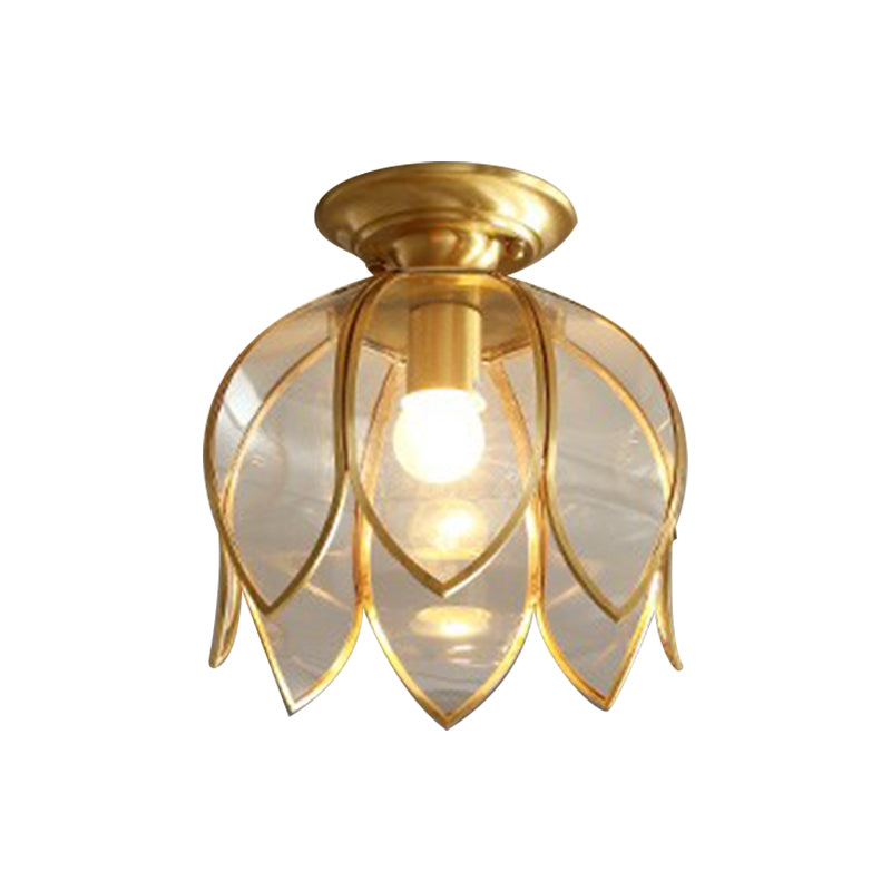 1 Bulb Lotus Ceiling Mount Colonial Brass Clear Glass Flush Light Fixture for Corridor Clearhalo 'Ceiling Lights' 'Close To Ceiling Lights' 'Close to ceiling' 'Flush mount' Lighting' 270483