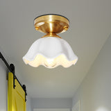 Brass 1-Head Flush Mount Lamp Colonialism White Glass Scalloped Ceiling Fixture for Living Room Brass Clearhalo 'Ceiling Lights' 'Close To Ceiling Lights' 'Close to ceiling' 'Flush mount' Lighting' 270490