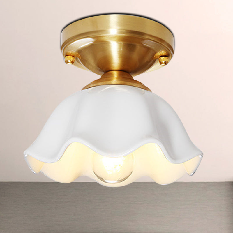 Brass 1-Head Flush Mount Lamp Colonialism White Glass Scalloped Ceiling Fixture for Living Room Clearhalo 'Ceiling Lights' 'Close To Ceiling Lights' 'Close to ceiling' 'Flush mount' Lighting' 270491