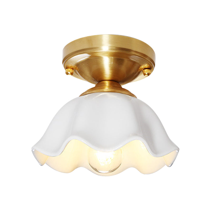 Brass 1-Head Flush Mount Lamp Colonialism White Glass Scalloped Ceiling Fixture for Living Room Clearhalo 'Ceiling Lights' 'Close To Ceiling Lights' 'Close to ceiling' 'Flush mount' Lighting' 270493