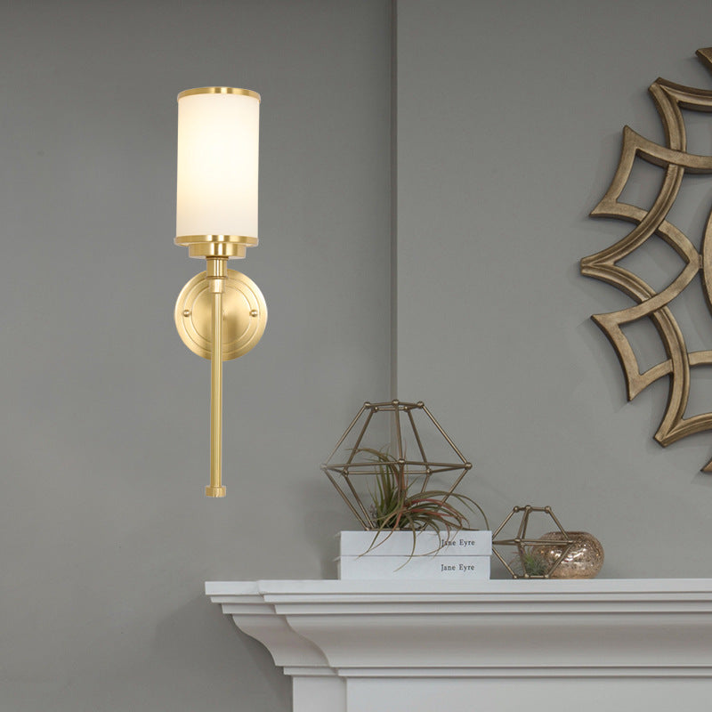 Brass Finish 1/2-Bulb Wall Lamp Modernism Style Frosted Glass Cylinder Wall Mount Light with Pencil Arm 1.0 Brass Clearhalo 'Wall Lamps & Sconces' 'Wall Lights' Lighting' 270500