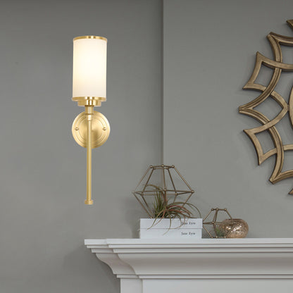 Brass Finish 1/2-Bulb Wall Lamp Modernism Style Frosted Glass Cylinder Wall Mount Light with Pencil Arm 1.0 Brass Clearhalo 'Wall Lamps & Sconces' 'Wall Lights' Lighting' 270500