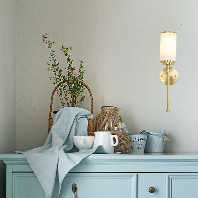 Brass Finish 1/2-Bulb Wall Lamp Modernism Style Frosted Glass Cylinder Wall Mount Light with Pencil Arm Clearhalo 'Wall Lamps & Sconces' 'Wall Lights' Lighting' 270502