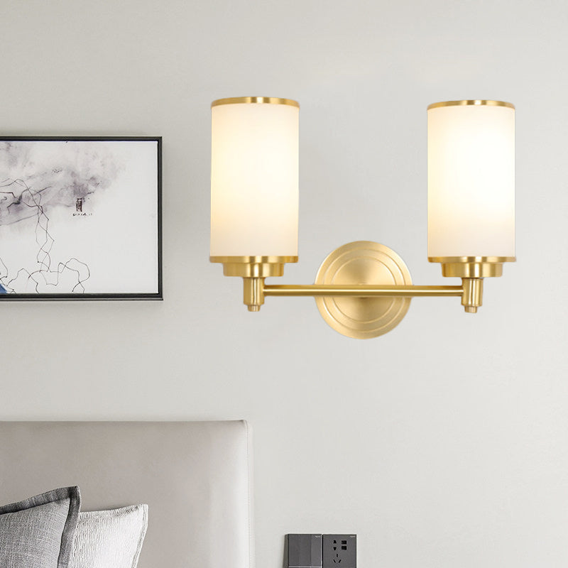 Brass Finish 1/2-Bulb Wall Lamp Modernism Style Frosted Glass Cylinder Wall Mount Light with Pencil Arm 2.0 Brass Clearhalo 'Wall Lamps & Sconces' 'Wall Lights' Lighting' 270505