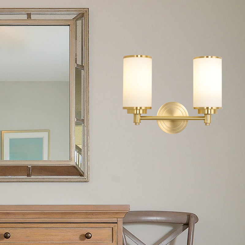 Brass Finish 1/2-Bulb Wall Lamp Modernism Style Frosted Glass Cylinder Wall Mount Light with Pencil Arm Clearhalo 'Wall Lamps & Sconces' 'Wall Lights' Lighting' 270506