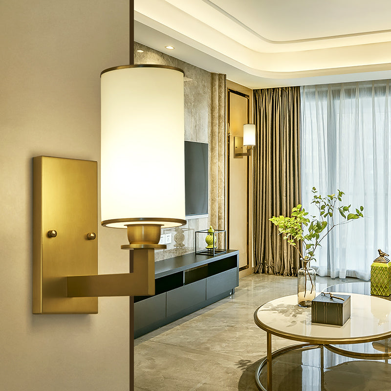 Modernism Style Cylinder Wall Lamp 1/2-Head Frosted Glass Wall Lighting Fixture in Brass for Living Room Clearhalo 'Wall Lamps & Sconces' 'Wall Lights' Lighting' 270536