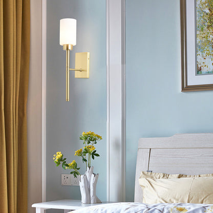 Cylinder Bedroom Wall Light Sconce Modernist Style White Glass 1/2-Head Brass Finish Wall Lamp with Pencil Arm 1.0 Brass Clearhalo 'Wall Lamps & Sconces' 'Wall Lights' Lighting' 270570