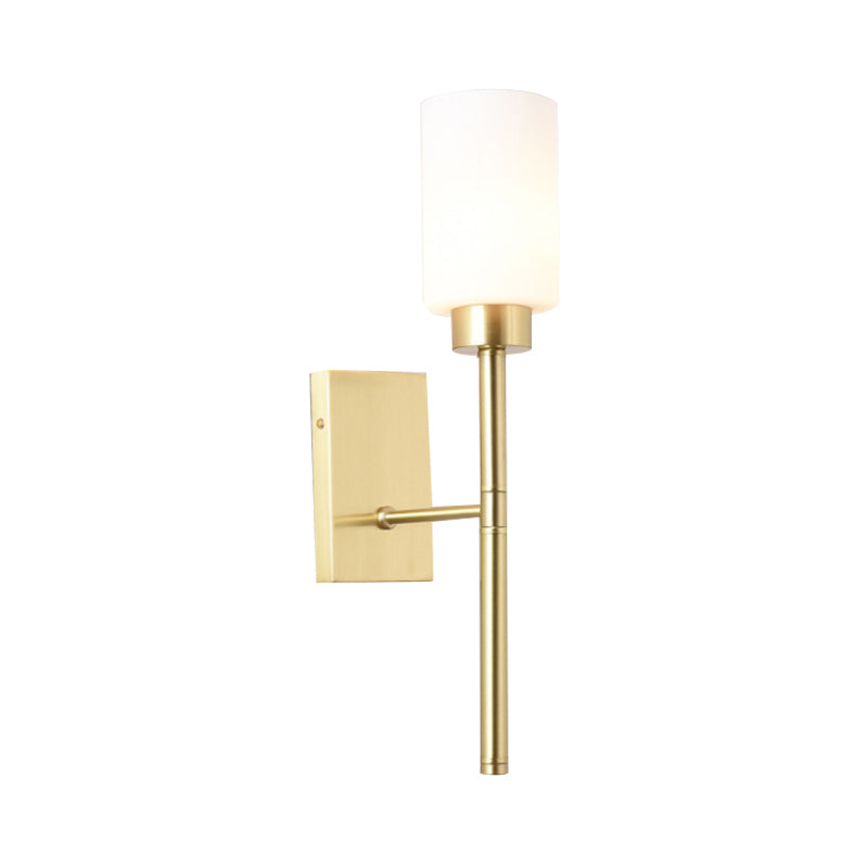 Cylinder Bedroom Wall Light Sconce Modernist Style White Glass 1/2-Head Brass Finish Wall Lamp with Pencil Arm Clearhalo 'Wall Lamps & Sconces' 'Wall Lights' Lighting' 270571