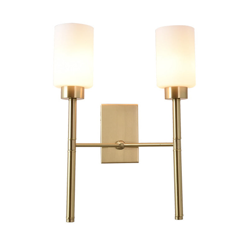 Cylinder Bedroom Wall Light Sconce Modernist Style White Glass 1/2-Head Brass Finish Wall Lamp with Pencil Arm Clearhalo 'Wall Lamps & Sconces' 'Wall Lights' Lighting' 270577