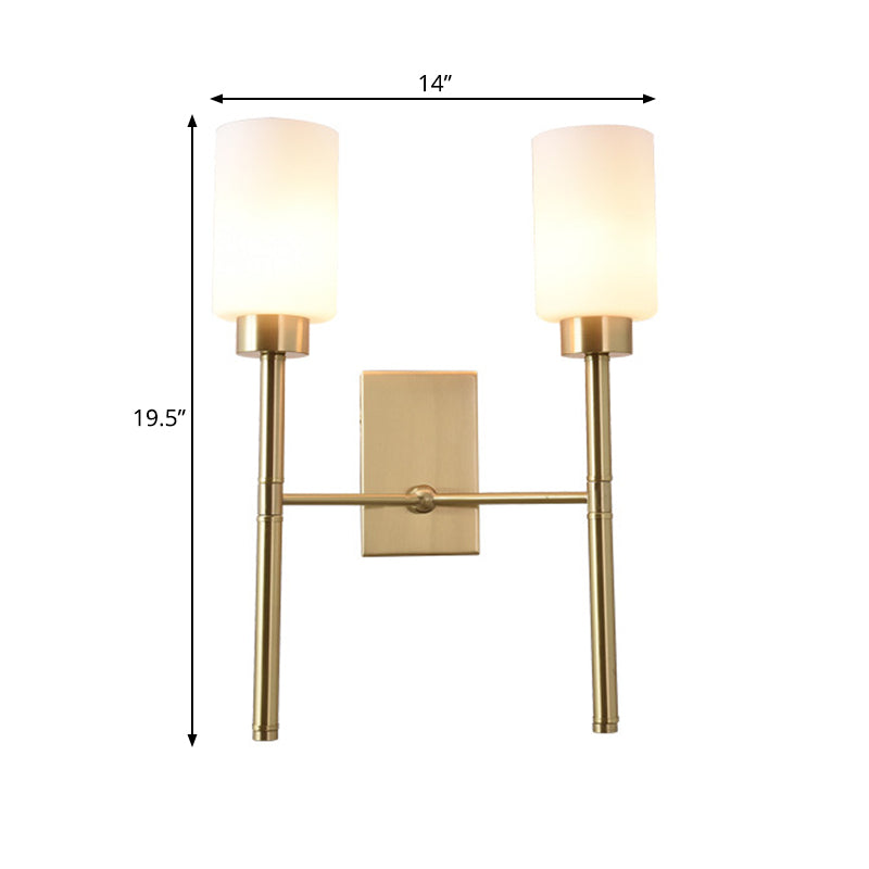 Cylinder Bedroom Wall Light Sconce Modernist Style White Glass 1/2-Head Brass Finish Wall Lamp with Pencil Arm Clearhalo 'Wall Lamps & Sconces' 'Wall Lights' Lighting' 270578