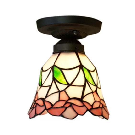 Stained Glass Ceiling Light Fixture Flush Mount, Floral Semi Flush Light in Antique Brass for Bedroom Tiffany Style Clearhalo 'Ceiling Lights' 'Close To Ceiling Lights' 'Close to ceiling' 'Glass shade' 'Glass' 'Semi-flushmount' 'Tiffany close to ceiling' 'Tiffany' Lighting' 2706