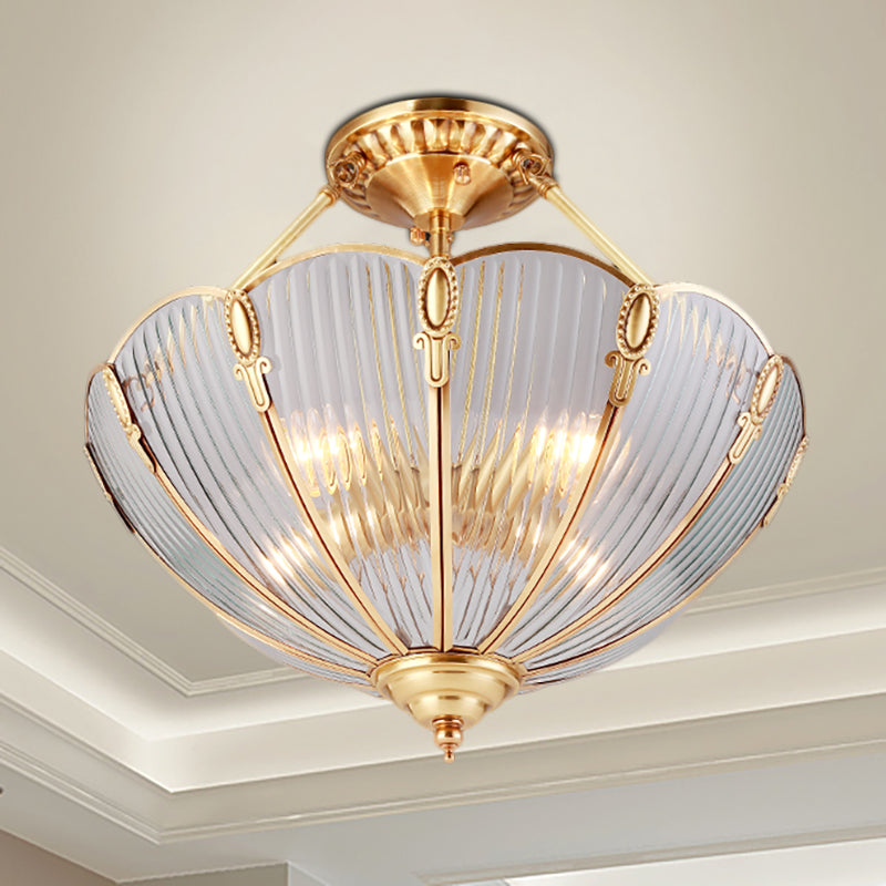 Brass 3 Heads Semi Flush Light Colonialism Ribbed Glass Scalloped Ceiling Fixture for Dining Room Clearhalo 'Ceiling Lights' 'Close To Ceiling Lights' 'Close to ceiling' 'Glass shade' 'Glass' 'Semi-flushmount' Lighting' 270620