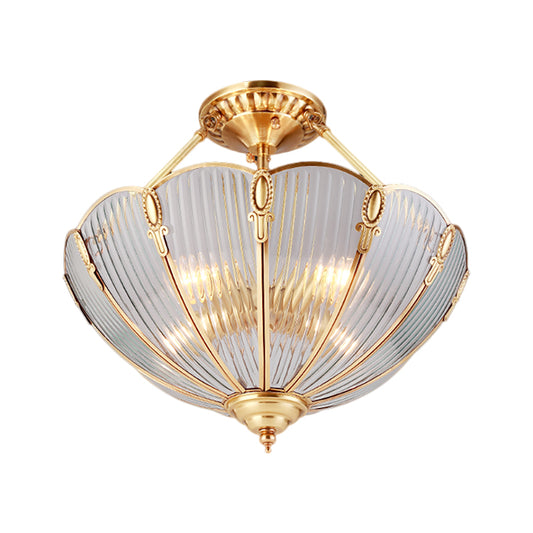 Brass 3 Heads Semi Flush Light Colonialism Ribbed Glass Scalloped Ceiling Fixture for Dining Room Clearhalo 'Ceiling Lights' 'Close To Ceiling Lights' 'Close to ceiling' 'Glass shade' 'Glass' 'Semi-flushmount' Lighting' 270622