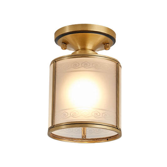 Colonial Cylinder Ceiling Light Fixture 1 Bulb White Glass Flush Mount Lighting in Brass Clearhalo 'Ceiling Lights' 'Close To Ceiling Lights' 'Close to ceiling' 'Glass shade' 'Glass' 'Semi-flushmount' Lighting' 270676
