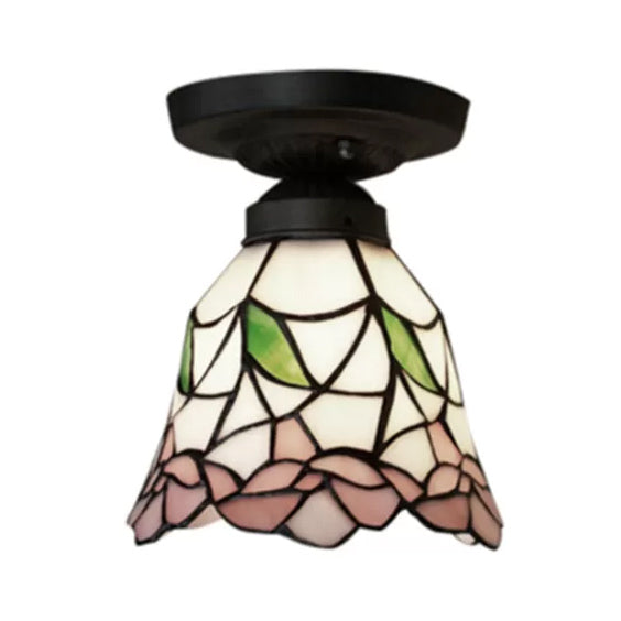 Stained Glass Ceiling Light Fixture Flush Mount, Floral Semi Flush Light in Antique Brass for Bedroom Tiffany Style Clearhalo 'Ceiling Lights' 'Close To Ceiling Lights' 'Close to ceiling' 'Glass shade' 'Glass' 'Semi-flushmount' 'Tiffany close to ceiling' 'Tiffany' Lighting' 2707