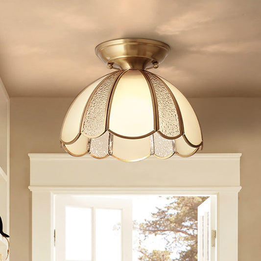 10"/11" W Scallop Bedroom Flush Mount Light Colonial Blown Opal Glass 1 Bulb Brass Close to Ceiling Lamp Brass Clearhalo 'Ceiling Lights' 'Close To Ceiling Lights' 'Close to ceiling' 'Flush mount' Lighting' 270720