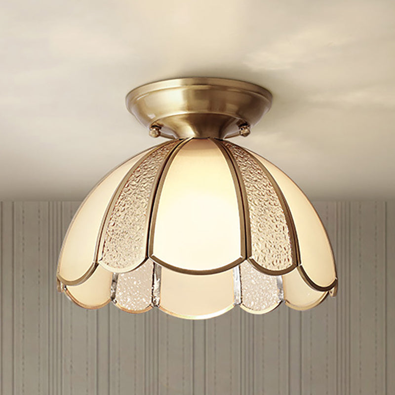 10"/11" W Scallop Bedroom Flush Mount Light Colonial Blown Opal Glass 1 Bulb Brass Close to Ceiling Lamp Clearhalo 'Ceiling Lights' 'Close To Ceiling Lights' 'Close to ceiling' 'Flush mount' Lighting' 270721