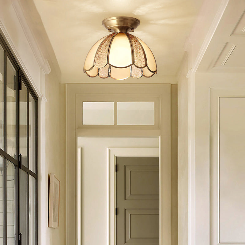 10"/11" W Scallop Bedroom Flush Mount Light Colonial Blown Opal Glass 1 Bulb Brass Close to Ceiling Lamp Clearhalo 'Ceiling Lights' 'Close To Ceiling Lights' 'Close to ceiling' 'Flush mount' Lighting' 270722