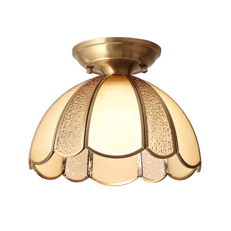 10"/11" W Scallop Bedroom Flush Mount Light Colonial Blown Opal Glass 1 Bulb Brass Close to Ceiling Lamp Clearhalo 'Ceiling Lights' 'Close To Ceiling Lights' 'Close to ceiling' 'Flush mount' Lighting' 270723