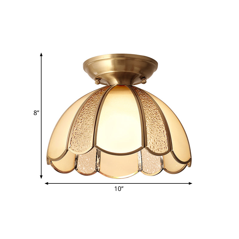 10"/11" W Scallop Bedroom Flush Mount Light Colonial Blown Opal Glass 1 Bulb Brass Close to Ceiling Lamp Clearhalo 'Ceiling Lights' 'Close To Ceiling Lights' 'Close to ceiling' 'Flush mount' Lighting' 270724