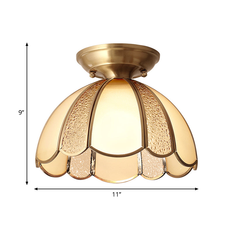 10"/11" W Scallop Bedroom Flush Mount Light Colonial Blown Opal Glass 1 Bulb Brass Close to Ceiling Lamp Clearhalo 'Ceiling Lights' 'Close To Ceiling Lights' 'Close to ceiling' 'Flush mount' Lighting' 270725