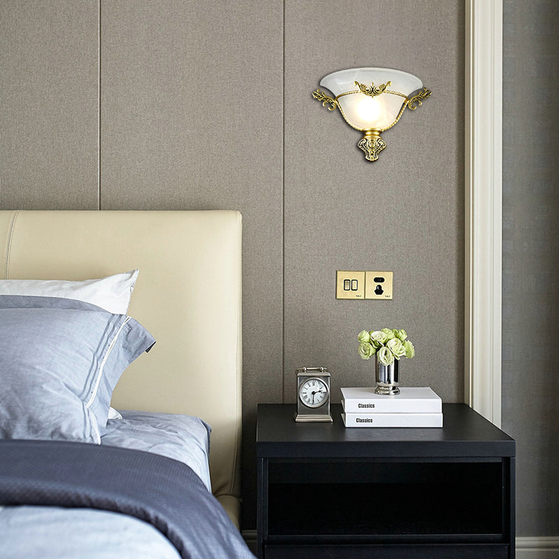 Bell Sconce Light Colonial 1 Head White Glass Wall Lighting Fixture with Silver/Brass Carved Metal Decor for Hallway Clearhalo 'Wall Lamps & Sconces' 'Wall Lights' Lighting' 270729