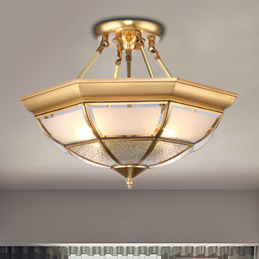 Brass 4 Lights Semi-Flush Ceiling Light Colonialism Curved Frosted Glass Dome Ceiling Mount Chandelier for Living Room, 14"/16" W Clearhalo 'Ceiling Lights' 'Close To Ceiling Lights' 'Close to ceiling' 'Glass shade' 'Glass' 'Semi-flushmount' Lighting' 270738