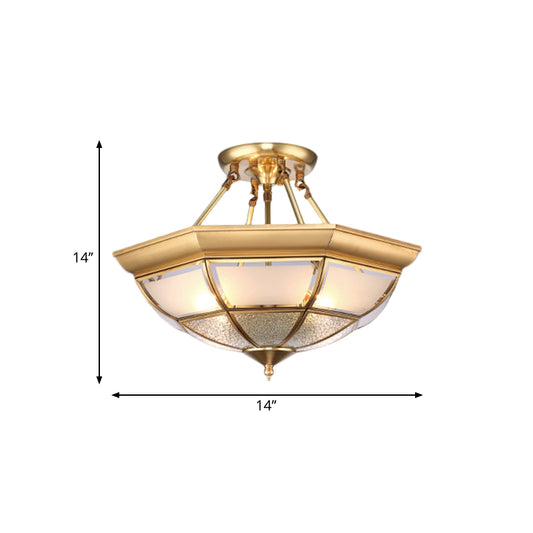 Brass 4 Lights Semi-Flush Ceiling Light Colonialism Curved Frosted Glass Dome Ceiling Mount Chandelier for Living Room, 14"/16" W Clearhalo 'Ceiling Lights' 'Close To Ceiling Lights' 'Close to ceiling' 'Glass shade' 'Glass' 'Semi-flushmount' Lighting' 270741