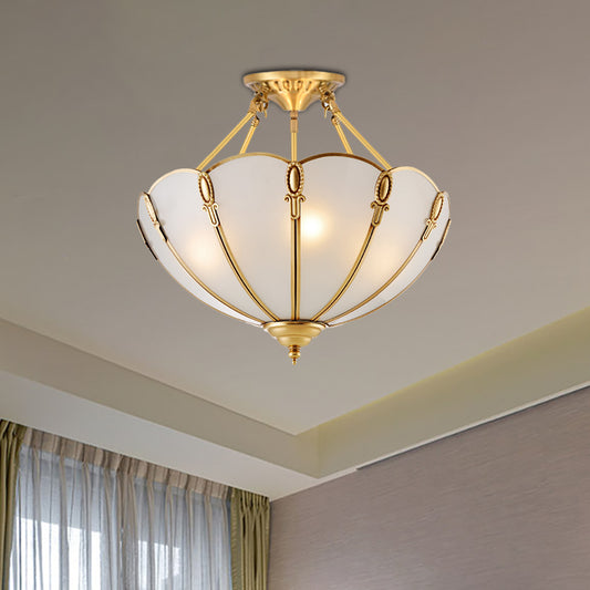 3/4 Bulbs Scalloped Ceiling Flush Mount Colonial Brass Satin Opal Glass Semi Mount Lighting for Living Room, 13"/17" W Brass Clearhalo 'Ceiling Lights' 'Close To Ceiling Lights' 'Close to ceiling' 'Glass shade' 'Glass' 'Semi-flushmount' Lighting' 270743
