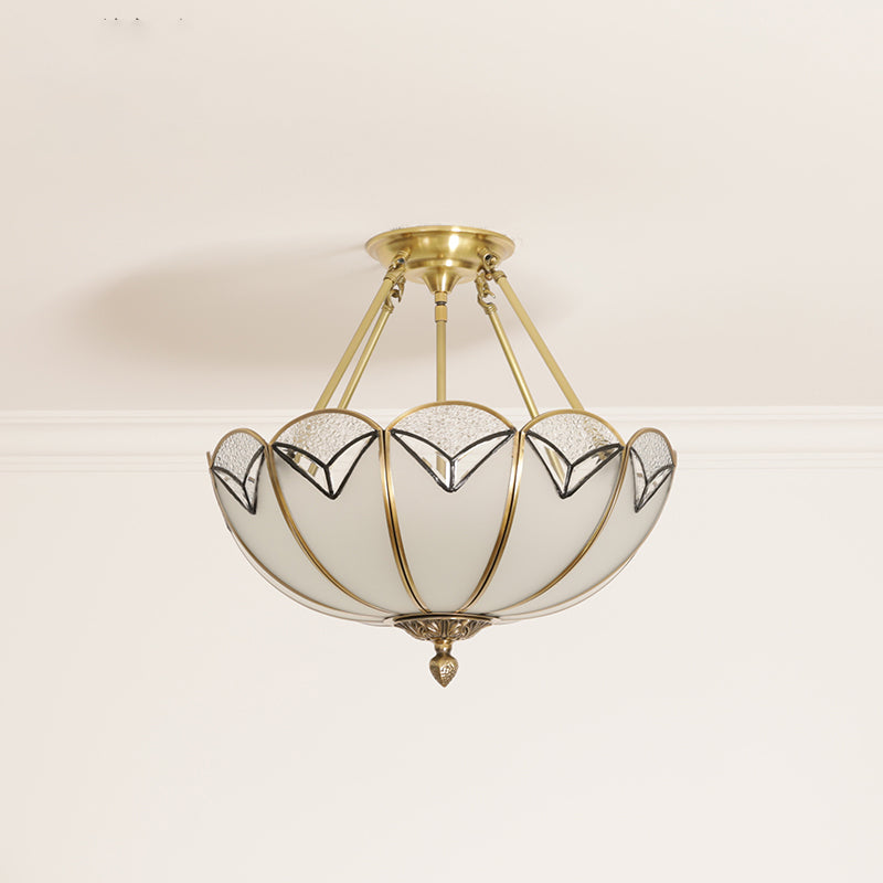 3 Bulbs Scallop Ceiling Flush Mount Colonial White Satin Opal Glass Semi Mount Lighting White Clearhalo 'Ceiling Lights' 'Close To Ceiling Lights' 'Close to ceiling' 'Glass shade' 'Glass' 'Semi-flushmount' Lighting' 270749