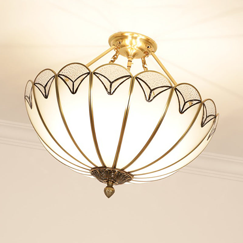 3 Bulbs Scallop Ceiling Flush Mount Colonial White Satin Opal Glass Semi Mount Lighting Clearhalo 'Ceiling Lights' 'Close To Ceiling Lights' 'Close to ceiling' 'Glass shade' 'Glass' 'Semi-flushmount' Lighting' 270750