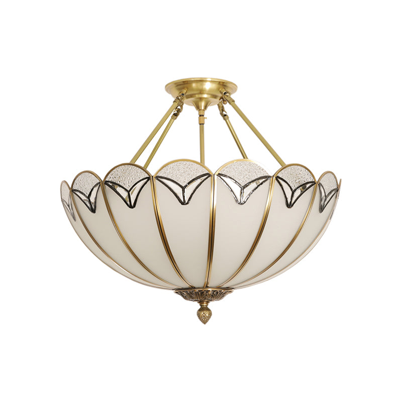 3 Bulbs Scallop Ceiling Flush Mount Colonial White Satin Opal Glass Semi Mount Lighting Clearhalo 'Ceiling Lights' 'Close To Ceiling Lights' 'Close to ceiling' 'Glass shade' 'Glass' 'Semi-flushmount' Lighting' 270752