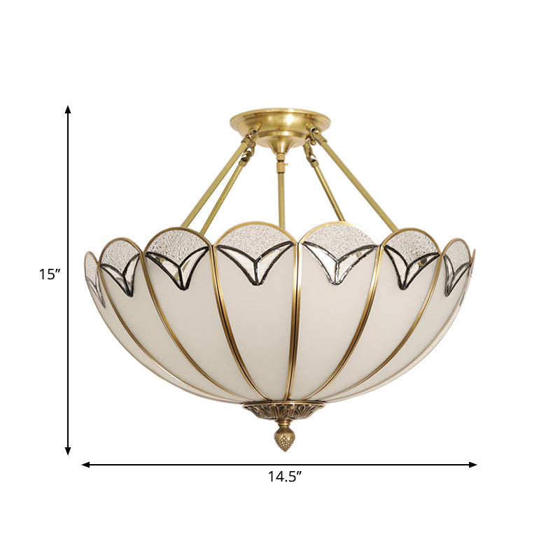 3 Bulbs Scallop Ceiling Flush Mount Colonial White Satin Opal Glass Semi Mount Lighting Clearhalo 'Ceiling Lights' 'Close To Ceiling Lights' 'Close to ceiling' 'Glass shade' 'Glass' 'Semi-flushmount' Lighting' 270753