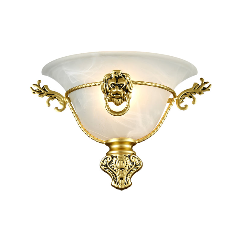 1 Bulb Trumpet Wall Lamp Colonialist Opal Glass Sconce Light Fixture with Copper/Brass Lion Metal Deco for Bedside Clearhalo 'Wall Lamps & Sconces' 'Wall Lights' Lighting' 270805