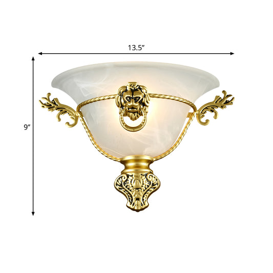 1 Bulb Trumpet Wall Lamp Colonialist Opal Glass Sconce Light Fixture with Copper/Brass Lion Metal Deco for Bedside Clearhalo 'Wall Lamps & Sconces' 'Wall Lights' Lighting' 270806