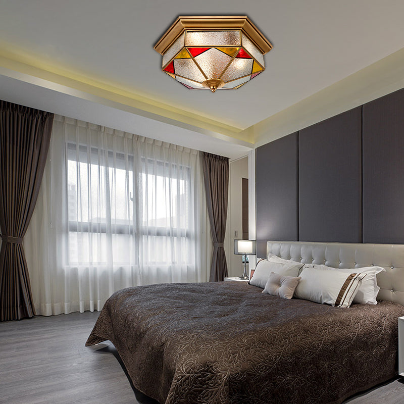 Bubble Glass Red Ceiling Flush Hexagonal 2/3 Heads Colonialist Flush Mount Lamp for Bedroom, 12.5"/19" W Clearhalo 'Ceiling Lights' 'Close To Ceiling Lights' 'Close to ceiling' 'Flush mount' Lighting' 270809