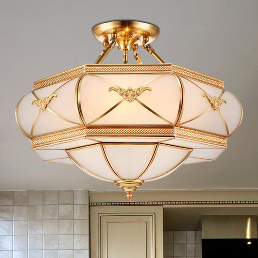 Hat Semi Flush Light Colonial Opal Glass 6 Heads Brass Ceiling Mounted Fixture for Living Room, 16"/18"/21.5" Wide Clearhalo 'Ceiling Lights' 'Close To Ceiling Lights' 'Close to ceiling' 'Glass shade' 'Glass' 'Semi-flushmount' Lighting' 270828