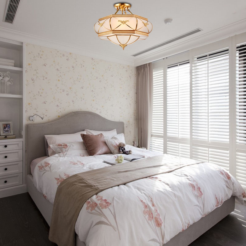 Hat Semi Flush Light Colonial Opal Glass 6 Heads Brass Ceiling Mounted Fixture for Living Room, 16"/18"/21.5" Wide Clearhalo 'Ceiling Lights' 'Close To Ceiling Lights' 'Close to ceiling' 'Glass shade' 'Glass' 'Semi-flushmount' Lighting' 270829