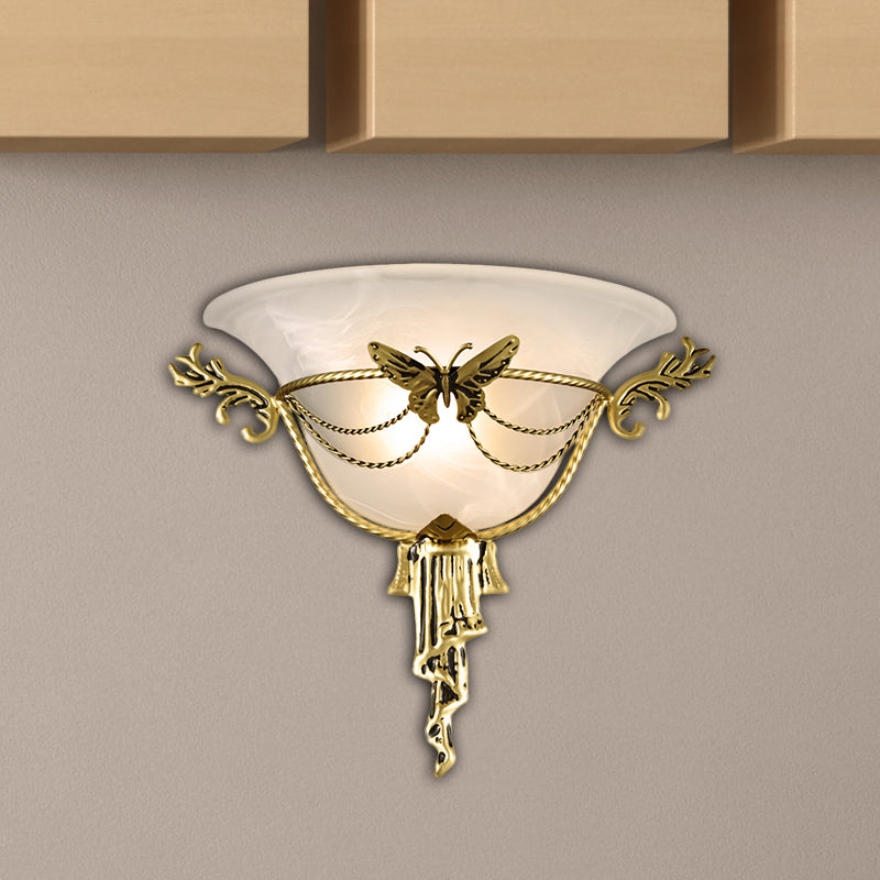 Trumpet Flare Sconce Light Colonization Milk Glass 1 Bulb Wall Mounted Lamp with Brass Metal Butterfly Deco Brass Clearhalo 'Wall Lamps & Sconces' 'Wall Lights' Lighting' 270881