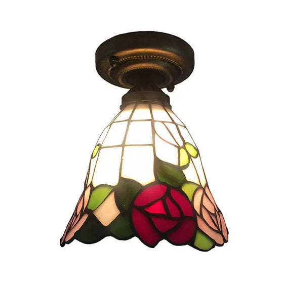Stained Glass Ceiling Light Fixture Flush Mount, Floral Semi Flush Light in Antique Brass for Bedroom Tiffany Style Clearhalo 'Ceiling Lights' 'Close To Ceiling Lights' 'Close to ceiling' 'Glass shade' 'Glass' 'Semi-flushmount' 'Tiffany close to ceiling' 'Tiffany' Lighting' 2709