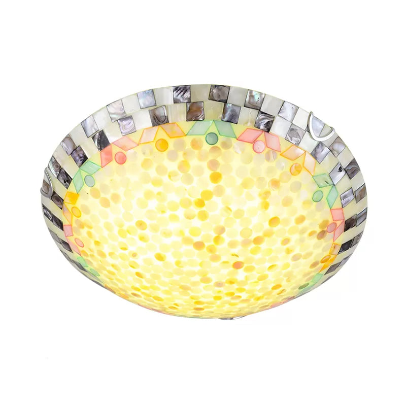 Beige/Blue Bowl Ceiling Light Fixture Vintage Mosaic Glass 1 Bulb 12"/16"/19.5" W Flush Mount Ceiling Light for Dining Room Beige 16" Clearhalo 'Ceiling Lights' 'Close To Ceiling Lights' 'Close to ceiling' 'Flush mount' Lighting' 27090
