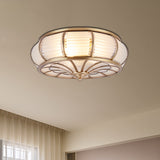 14"/16.5" W Cream Glass Drum Ceiling Lighting Colonial 3/4 Heads Bedroom Flush Mount Fixture in Brass Brass Clearhalo 'Ceiling Lights' 'Close To Ceiling Lights' 'Close to ceiling' 'Flush mount' Lighting' 270934