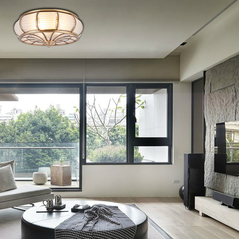 14"/16.5" W Cream Glass Drum Ceiling Lighting Colonial 3/4 Heads Bedroom Flush Mount Fixture in Brass Clearhalo 'Ceiling Lights' 'Close To Ceiling Lights' 'Close to ceiling' 'Flush mount' Lighting' 270936