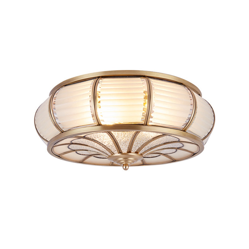 14"/16.5" W Cream Glass Drum Ceiling Lighting Colonial 3/4 Heads Bedroom Flush Mount Fixture in Brass Clearhalo 'Ceiling Lights' 'Close To Ceiling Lights' 'Close to ceiling' 'Flush mount' Lighting' 270937