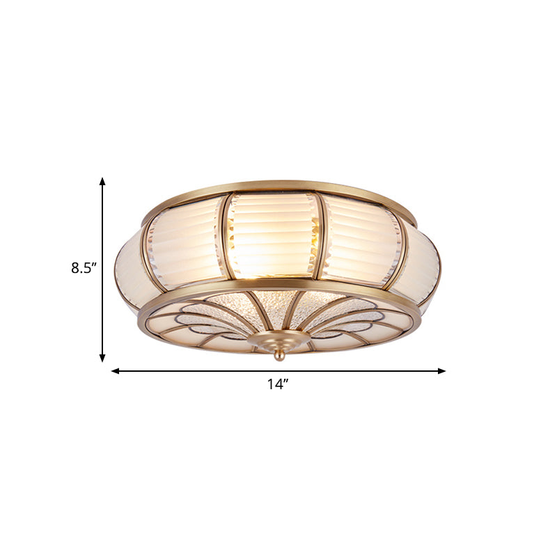 14"/16.5" W Cream Glass Drum Ceiling Lighting Colonial 3/4 Heads Bedroom Flush Mount Fixture in Brass Clearhalo 'Ceiling Lights' 'Close To Ceiling Lights' 'Close to ceiling' 'Flush mount' Lighting' 270938