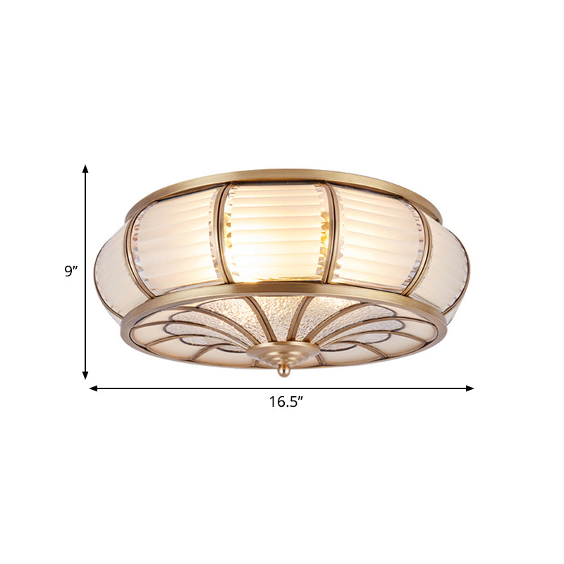 14"/16.5" W Cream Glass Drum Ceiling Lighting Colonial 3/4 Heads Bedroom Flush Mount Fixture in Brass Clearhalo 'Ceiling Lights' 'Close To Ceiling Lights' 'Close to ceiling' 'Flush mount' Lighting' 270939