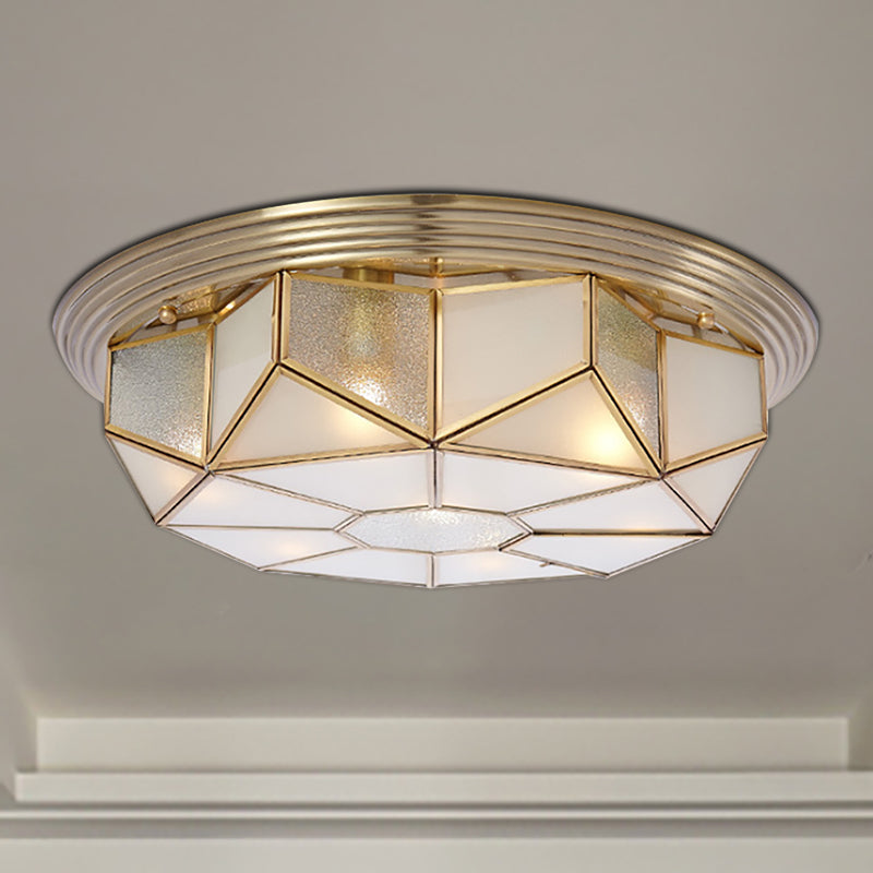 Brass 6 Heads Flush Mount Lamp Colonialism Sandblasted Glass Octagonal Ceiling Fixture for Living Room Clearhalo 'Ceiling Lights' 'Close To Ceiling Lights' 'Close to ceiling' 'Flush mount' Lighting' 270942