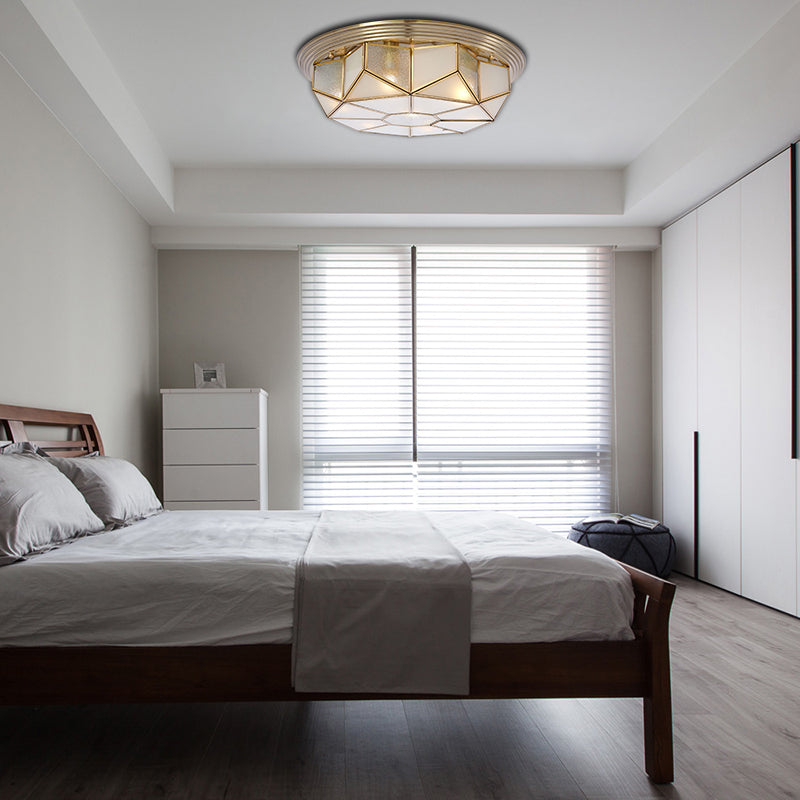 Brass 6 Heads Flush Mount Lamp Colonialism Sandblasted Glass Octagonal Ceiling Fixture for Living Room Clearhalo 'Ceiling Lights' 'Close To Ceiling Lights' 'Close to ceiling' 'Flush mount' Lighting' 270943