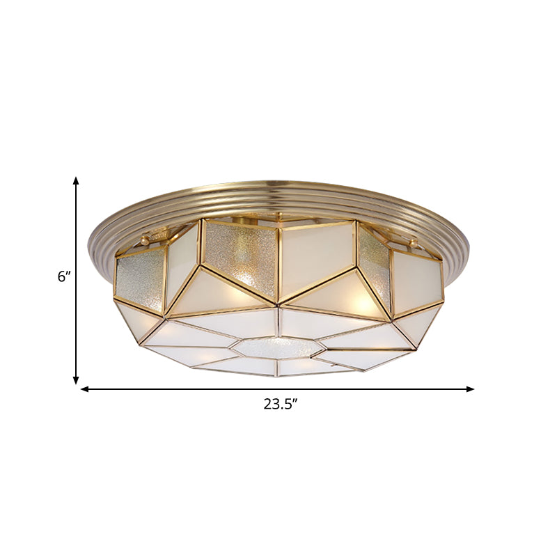 Brass 6 Heads Flush Mount Lamp Colonialism Sandblasted Glass Octagonal Ceiling Fixture for Living Room Clearhalo 'Ceiling Lights' 'Close To Ceiling Lights' 'Close to ceiling' 'Flush mount' Lighting' 270945